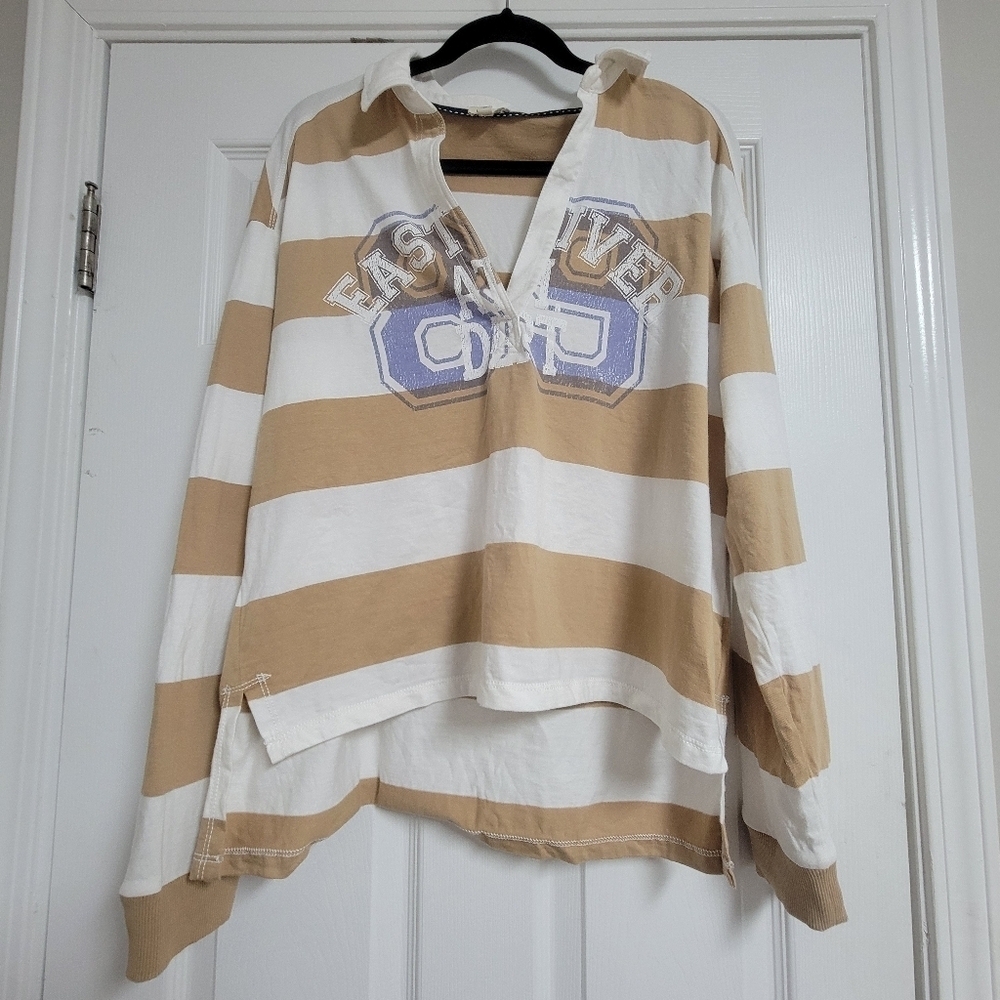 Pilcro Rugby Oversized Tan Stripe Long Sleeve Shirt. - Picture 3 of 14
